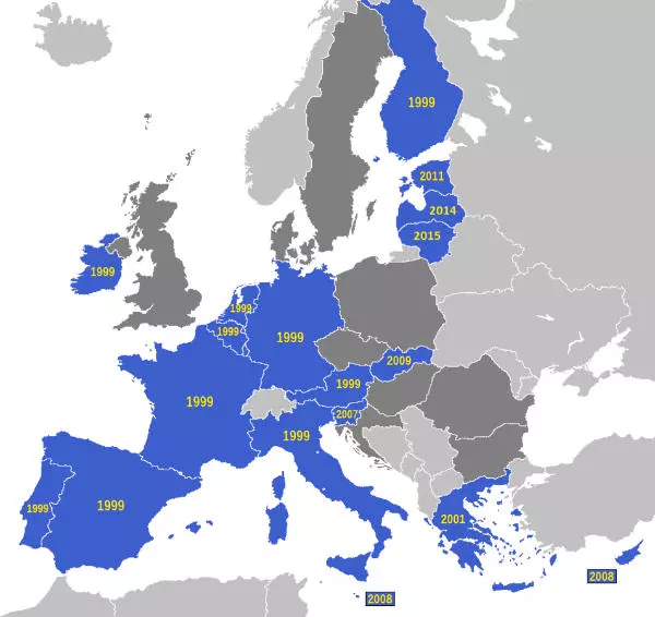 Karte der Eurozone mit Einführungsjahren. Grafik: Lystopad, Wikimedia, CC BY-SA 3.0 